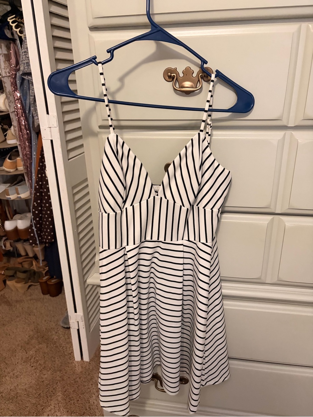 Monteau White Dress with Black Stripes — Spaghetti Strap Mini